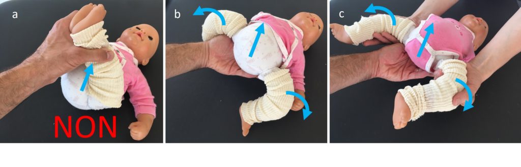photos décrivant les consignes de mobilisation des hanches pour changer la couche